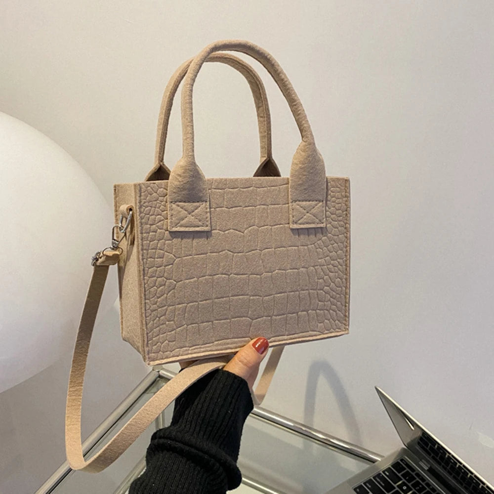 ISKYBOB Women Felt Mini Tote Handbag Popular Stone Texture Oneshoulder Messenger Bag Autumn Winter Small Square Bag 2024 New