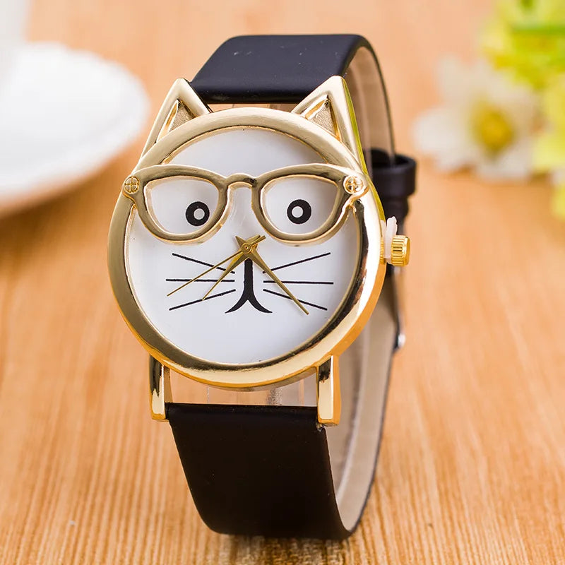 Women Geneva Watch Leather Strap Analog Quartz Wrist Watches Leopard Cat Face Glasses Kids Clock Ladies Watch Relogio Feminino